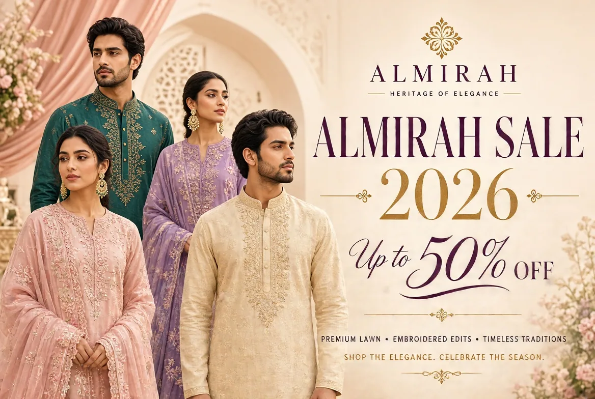 Almirah sale 2026 up to 50% off premium lawn, embroidered edits and stitched suits