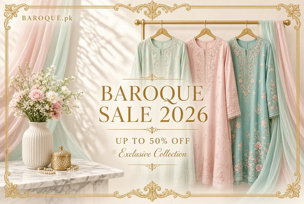 Baroque sale 2026 up to 50 percent off on embroidered lawn and chiffon suits in Pakistan