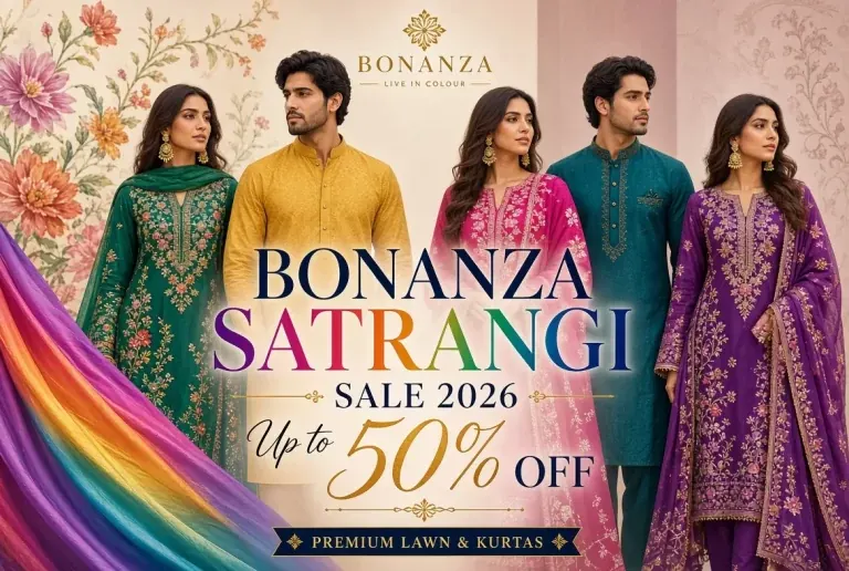 Bonanza Satrangi sale 2026 up to 50% off premium lawn, kurtas and ready to wear