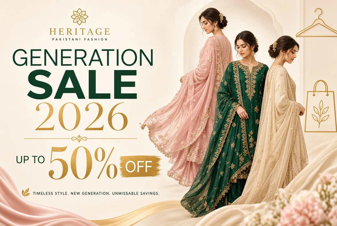 Generation sale 2026 up to 50 percent off on Pakistani lawn, pret and formal wear