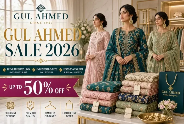 Gul Ahmed sale 2026 up to 50% off printed lawn, embroidered 3-piece and pret