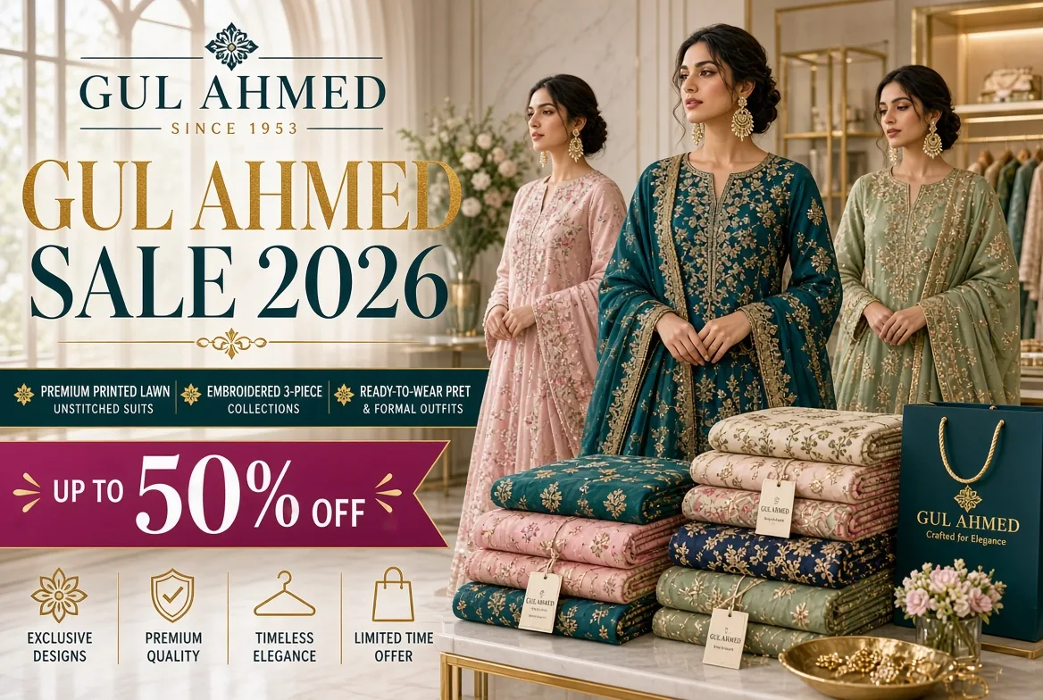 Gul Ahmed sale 2026 up to 50% off printed lawn, embroidered 3-piece and pret
