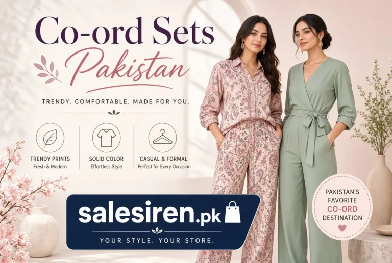 Co ord sets Pakistan: a pink floral print shirt and trouser set and a sage green belted set