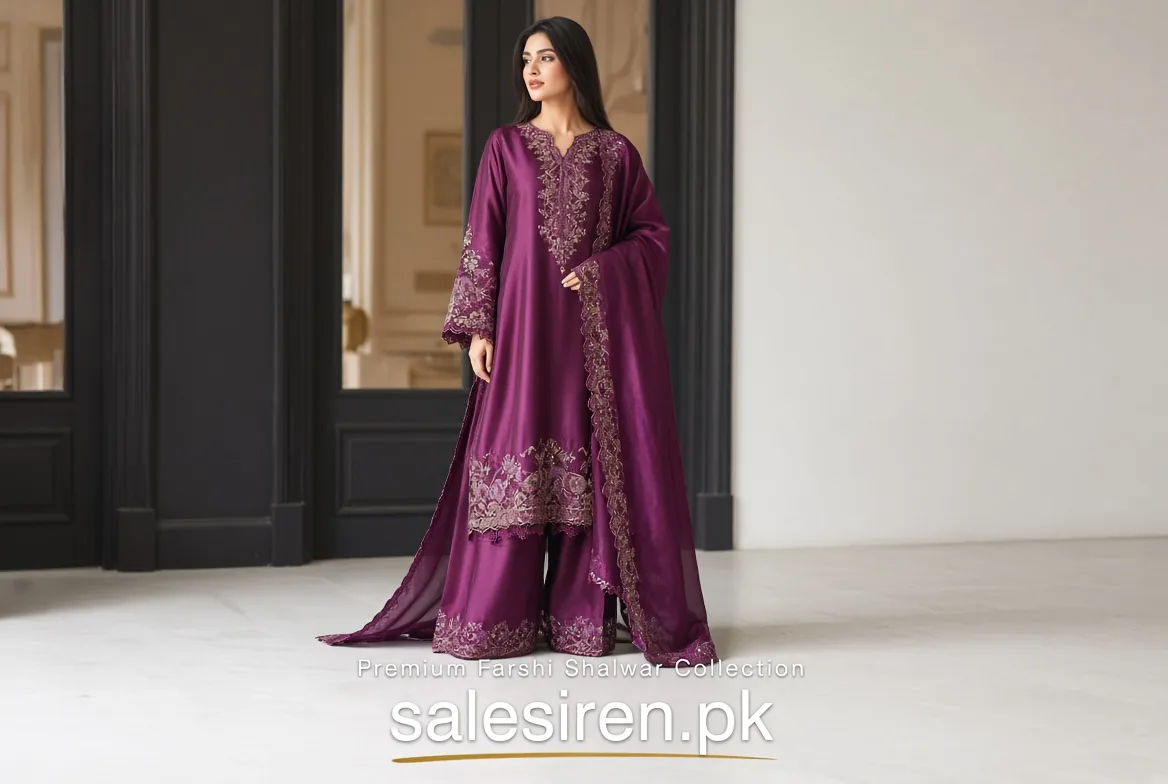 Farshi shalwar in plum silk with an embroidered kurta and a scalloped dupatta