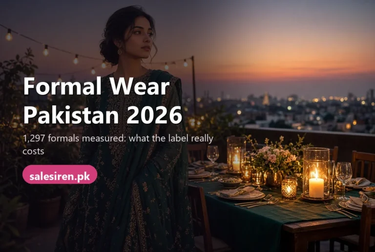 Formal wear Pakistan: a woman in an embroidered chiffon three piece at an evening dinner