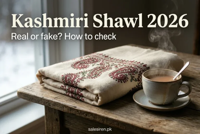 Kashmiri shawl in cream with red and green paisley embroidery, folded beside a cup of chai