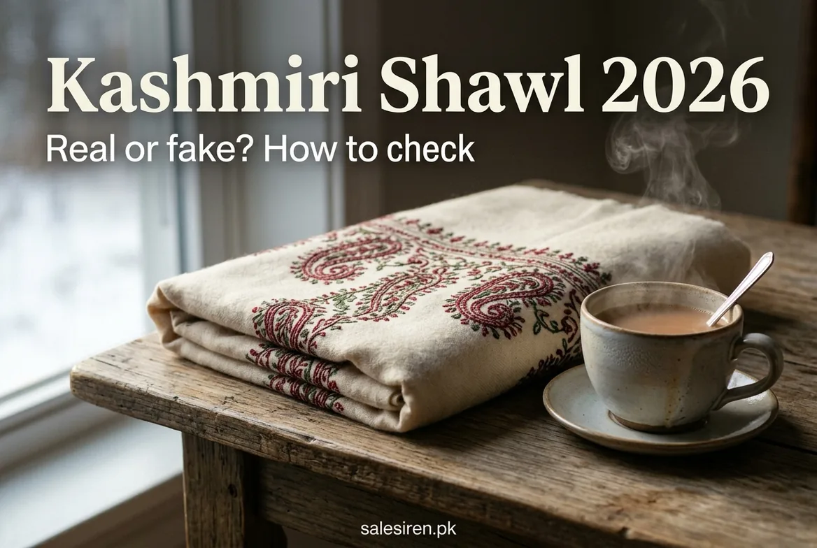 Kashmiri shawl in cream with red and green paisley embroidery, folded beside a cup of chai