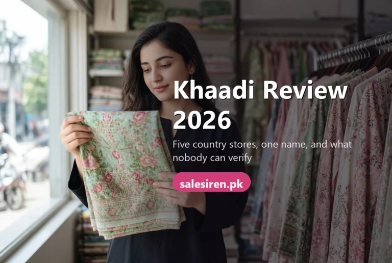 Woman holding a printed lawn shirt up to the window light inside a busy clothing shop