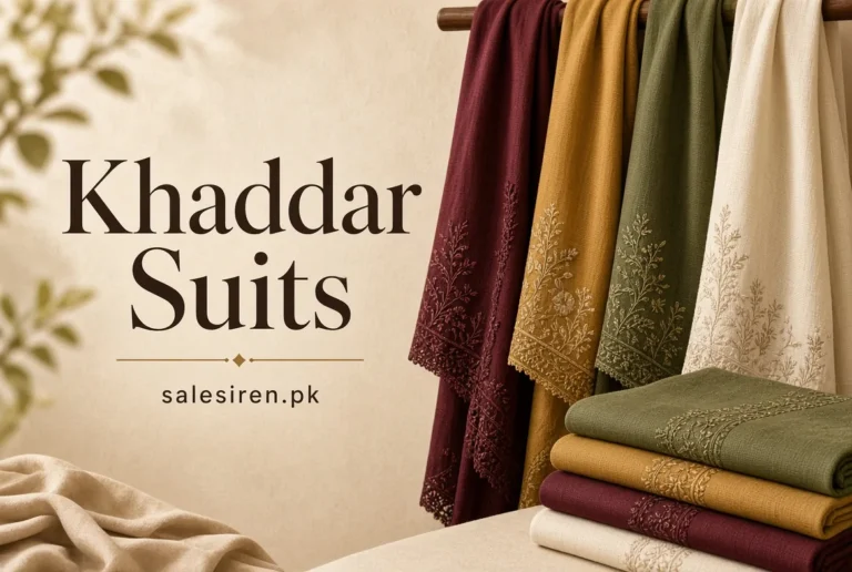 Khaddar suits in maroon, mustard, olive and ivory with embroidered borders, hung and folded