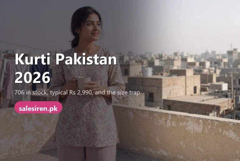 Kurti Pakistan outfit in printed cambric with straight trousers, worn on a sunny rooftop