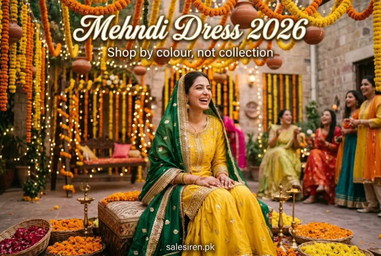 Mehndi dress in yellow with a green embroidered dupatta at a marigold decorated mehndi