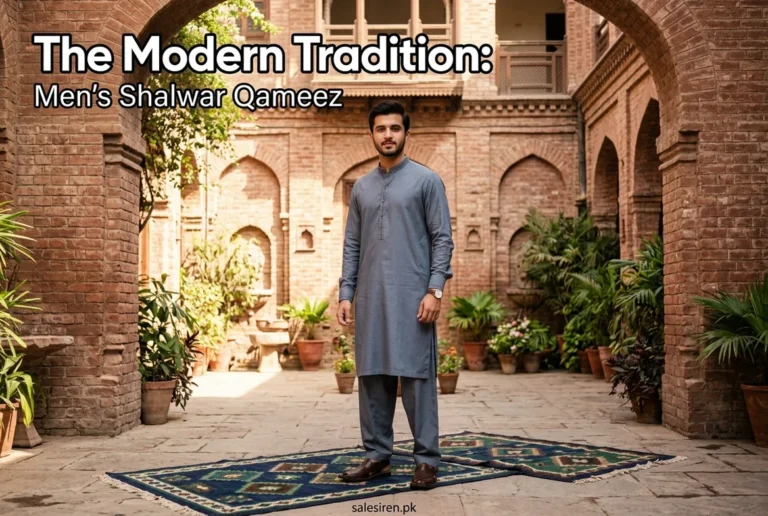 Men's shalwar kameez in grey with Peshawari chappals, worn in a brick courtyard