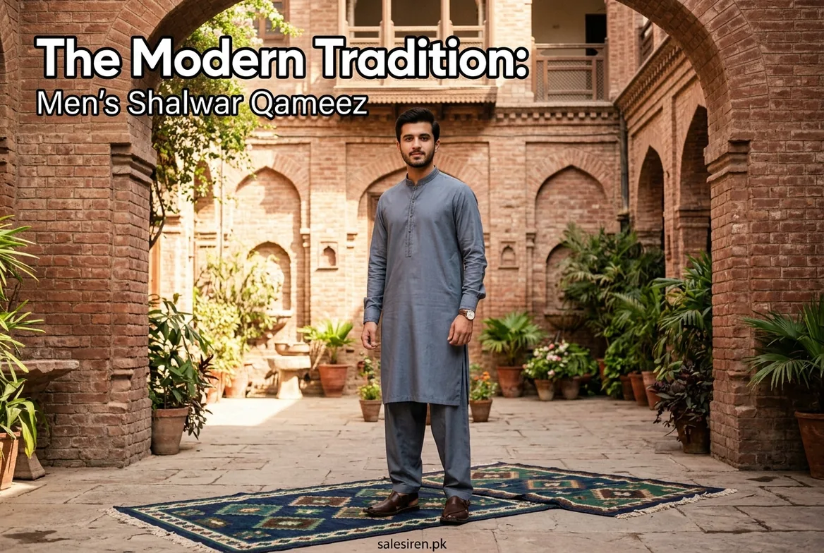 Men's shalwar kameez in grey with Peshawari chappals, worn in a brick courtyard