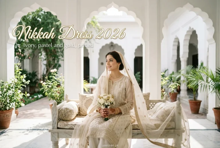 Nikkah dress in ivory with gold embroidery and a sheer dupatta, worn in a white courtyard