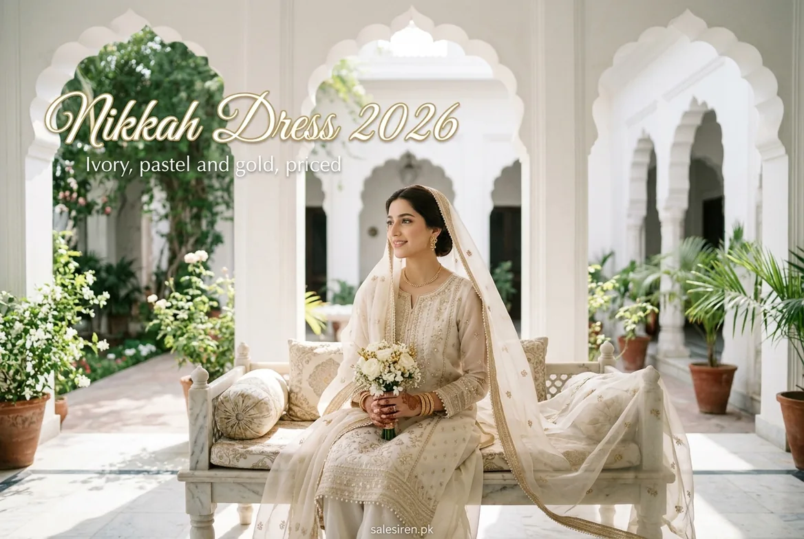 Nikkah dress in ivory with gold embroidery and a sheer dupatta, worn in a white courtyard