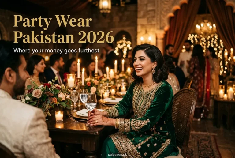 Party wear Pakistan look in green velvet with gold embroidery at a candlelit dinner