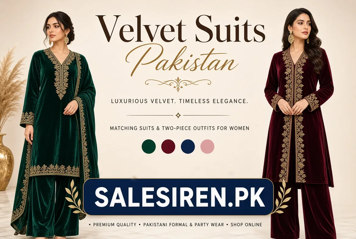 Velvet suits Pakistan: an emerald green and a maroon velvet suit with gold embroidery