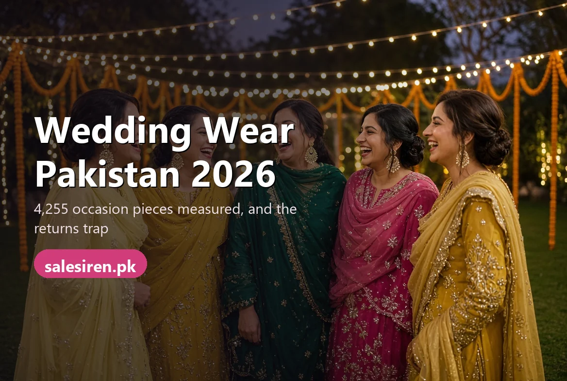 Wedding wear Pakistan: guests in bright formal shalwar kameez and dupattas under string lights at an evening function
