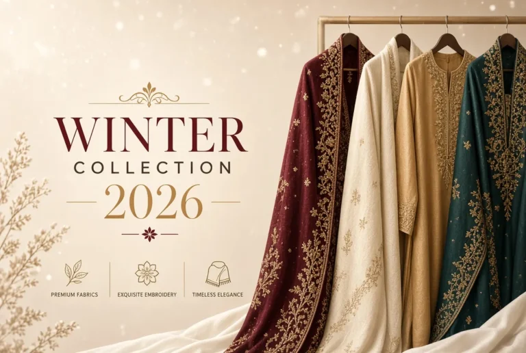 Winter collection 2026: embroidered maroon, ivory, gold and emerald suits hanging on a rail