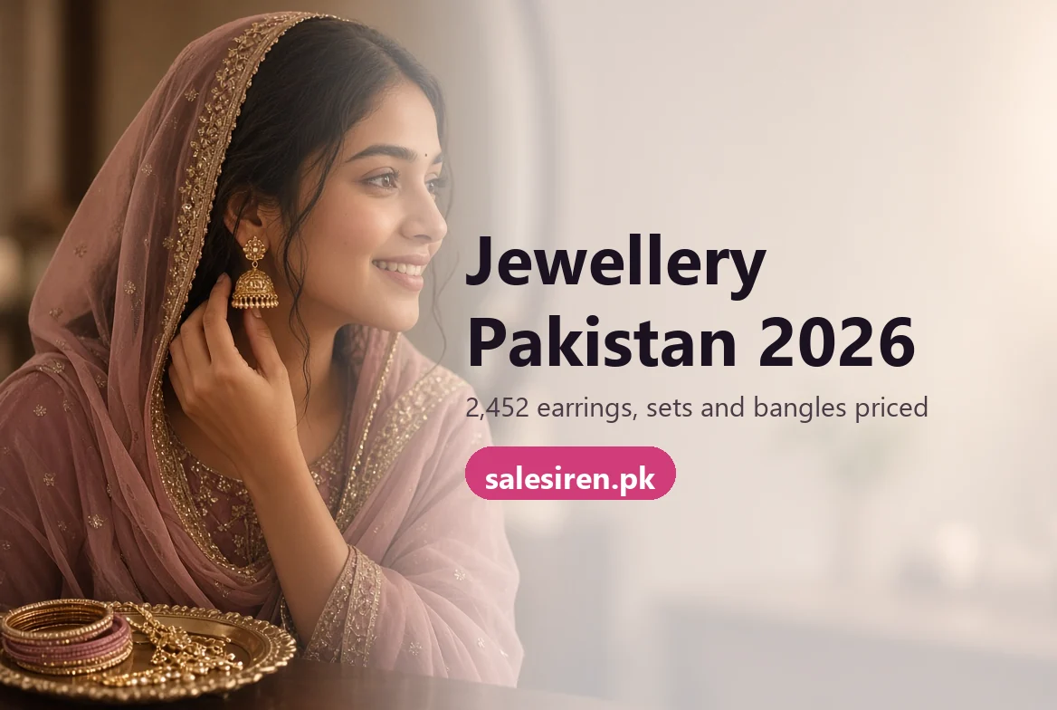 Jewellery Pakistan guide: gold tone jhumkas, pearl studs, hoops and a tikka laid out on a pink dupatta