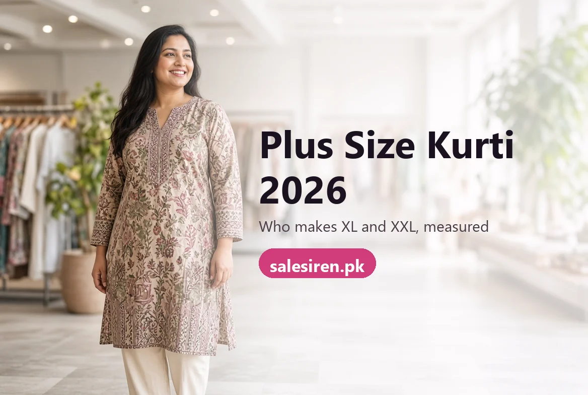 Plus size kurti guide: embroidered kurtis in XL and XXL in maroon, mustard and teal on a clothes rail