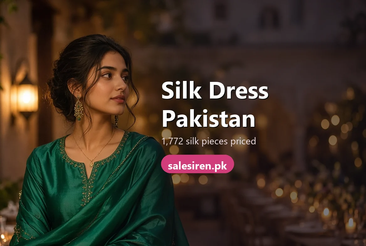Silk dress Pakistan guide: raw silk and cotton silk suits in emerald, ivory and dusty pink hanging on a rail with a silk dupatta